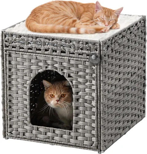 Miniatura 16 de SETVSON Camas para gatos para interiores, casa de gatitos, cubo de ratán tejido a mano, cueva para gatos, casas grandes para gatos, una alfombrilla