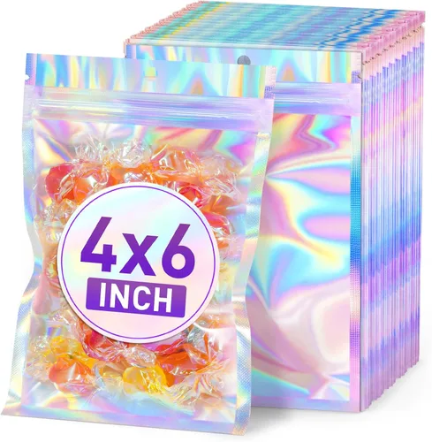 Miniatura 38 de ANZNKU 50 piezas 7 cm x 23 cm Bolsas holográficas para bolígrafos Bolsas de embalaje para bolígrafos Bolsa resellable a prueba de olores