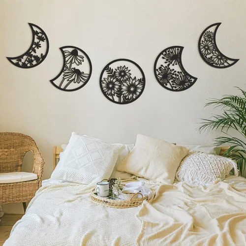 Miniatura 4 de Jetec 5 piezas de decoración de pared de fase lunar sobre la cama, 10.6 pulgadas de alto, estilo bohemio, fase lunar, adorno de pared de madera