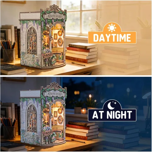 Miniatura 5 de Monet's Studio - Kit de rincón de libro con luz LED y cubierta antipolvo, kit de casa en miniatura para bricolaje, rompecabezas de madera 3D, kit