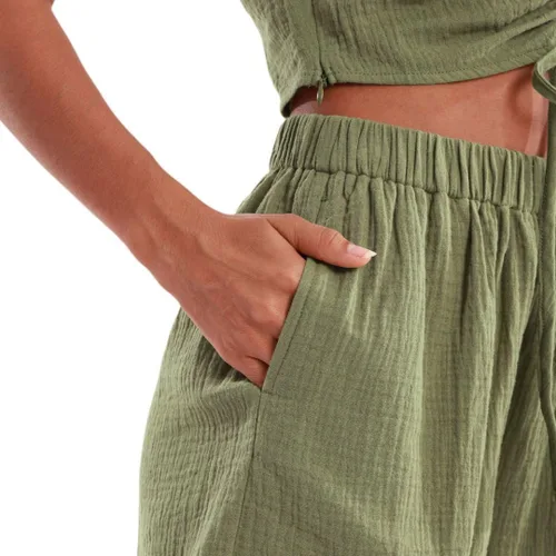 Miniatura 4 de Amazhiyu Conjunto de 2 piezas de gasa de algodón arrugado para mujer, pantalones cortos y tops de verano Verde