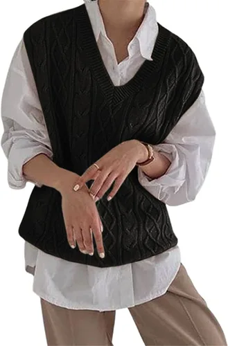Miniatura 2 de Women's V Neck Sweater Vest Oversized Sleeveless Loose Knit Tops Cable Sleeveless Sweater