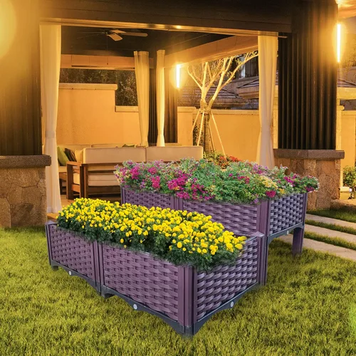 Miniatura 8 de Cama de jardín elevada de plástico de 4 piezas, cajas de cultivo, kit de caja de cuidado para plantas de interior y exterior, cajas de jardín