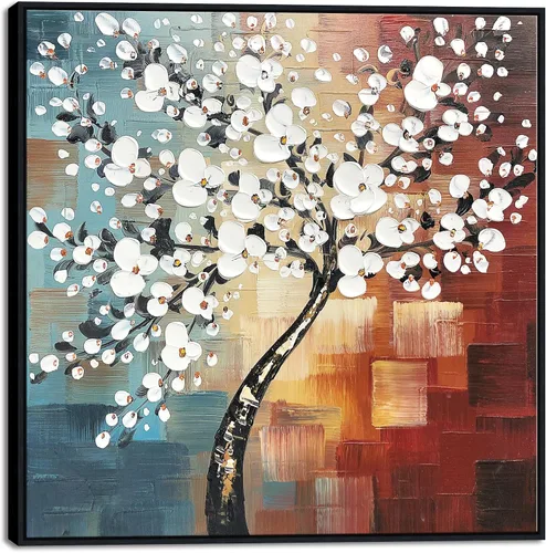 Wieco Art Morning Glory - Arte de pared enmarcado, 24 x 24 pulgadas, 100% pintado a mano, pintura al óleo abstracta de flores blancas, decoración