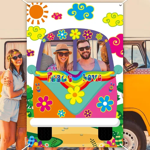 Miniatura 7 de Decoración de fiesta de autobús hippie de los años 60, decoración de fiesta de los años 60, tela grande, retro, Groovy Van Prop Hippie Selfie, telón