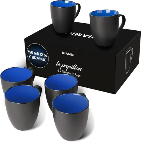 Miniatura 7 de MIAMIO - Juego de 6 tazas de café de gres 12 onzas/taza - Colección Le Papillon (Negro)