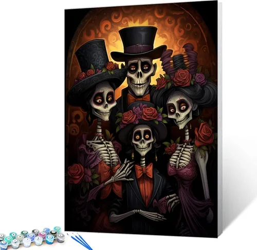 Miniatura 17 de Pintura por números para parejas tomadas de la mano, para adultos, principiantes, Día de los Muertos, Esqueleto, Pintura por números sobre lienzo