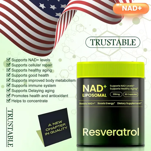 Miniatura 7 de Suplemento NAD, nicotinamida liposomal ribósido resveratrol 250 mg, alternativa a NMN, suplemento NAD de alta pureza para mujeres y hombres