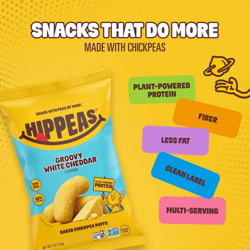 Miniatura 5 de HIPPEAS Chickpea Puffs, Groovy White Cheddar, aperitivos sin gluten, sin lácteos, vegano, 4 onzas, paquete de 6, 0.11 onzas de proteína, 0.11 onzas