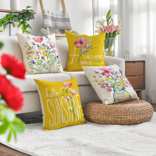 Miniatura 2 de Juego de 4 fundas de cojín decorativas de primavera para exteriores de 16 x 16 pulgadas, diseño de flores de jardín, patio, decoración del hogar