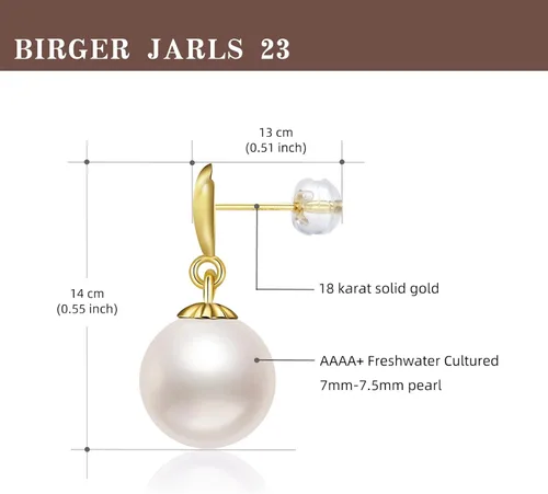 Miniatura 3 de Aretes de perlas para mujer, oro macizo de 18 quilates AAAA+ cultivados en agua dulce de 0.276 in-0.295 in, aretes de gota de perlas reales, aretes