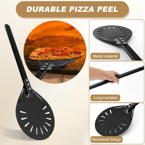 Miniatura 5 de Kit de accesorios para horno de pizza con cepillo para horno de pizza y raspador de piedra, mango largo perforado de aluminio de 7.8 pulgadas, rueda