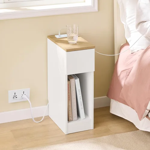 Miniatura 2 de SoBuy Mesita de noche estrecha con estación de carga, mesita de noche delgada con cajones, puertos USB y tipo C para dormitorio y sala de estar