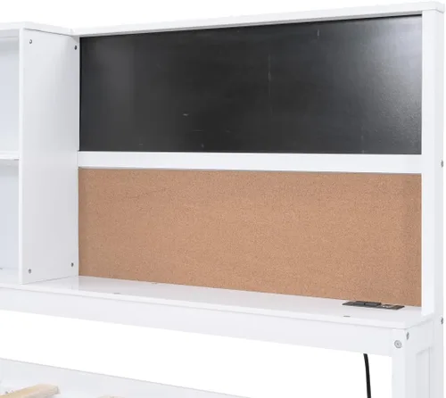 Miniatura 7 de Sofá cama de tamaño individual con nido y estantería, pizarra, tablero de corcho, sofá cama con estación de carga, puertos USB, color blanco Blanco-t