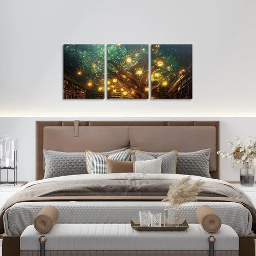 Miniatura 4 de Castle Fairy Magical Mysterious Style Canvas Wall Art Set of 3,Bookshelf Bookcase Wall Hangings for Living Room Bedroom,Modern Building Trees Paint