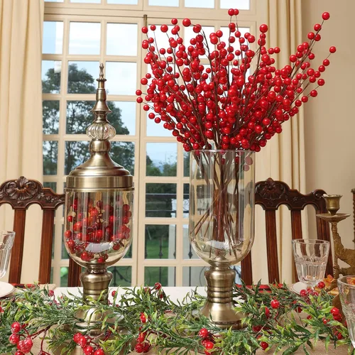 Miniatura 2 de joyhalo Paquete de 12 tallos de bayas rojas, tallos de bayas de acebo de 17 pulgadas, decoración navideña de bayas rojas, púas de bayas rojas