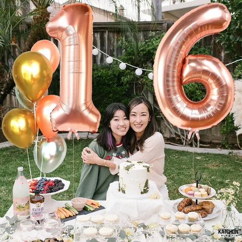 Miniatura 9 de KatchOn, Globo de oro rosa con el número 16 de 40 pulgadas Globo de aluminio para decoraciones de cumpleaños de 16 años para niñas Globo de oro