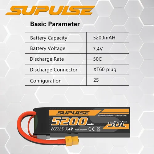 Miniatura 8 de SUPULSE Batería Lipo de 7.4 V 2S 5200mAh 50C RC Batería con enchufe XT60 para avión RC Barco RC Truck RC (2 paquetes)