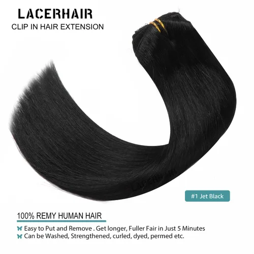 Miniatura 4 de Lacer Extensiones de cabello humano Remy sin costuras, color negro #1, ultra fino, doble trama de poliuretano, invisible, 7 unidades, 4.33 oz