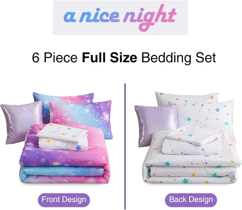 Miniatura 6 de A Nice Night Juego de ropa de cama de 6 piezas con gradiente de purpurina para niñas de tamaño completo, juego de edredón de arcoíris y galaxia