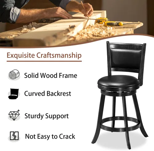Miniatura 5 de ERGOMASTER Taburetes de bar giratorios de 24 pulgadas con respaldo, madera de caucho, negro, juego de 2