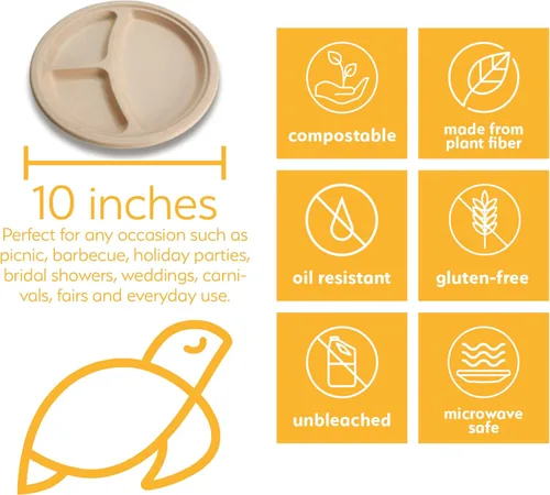 Miniatura 2 de Platos de papel desechables 100% compostables a granel [10 pulgadas, 3 comp 125 paquetes], platos de bambú, ecológicos, biodegradables, resistentes