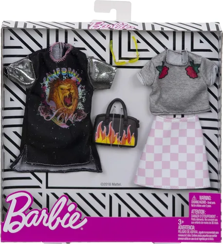 Miniatura 2 de Barbie Ropa: 2 trajes de muñeca incluyen un vestido de camiseta con gráfico de rock retro y bolso decorado con llamas, regalo para niños de 3 a 8
