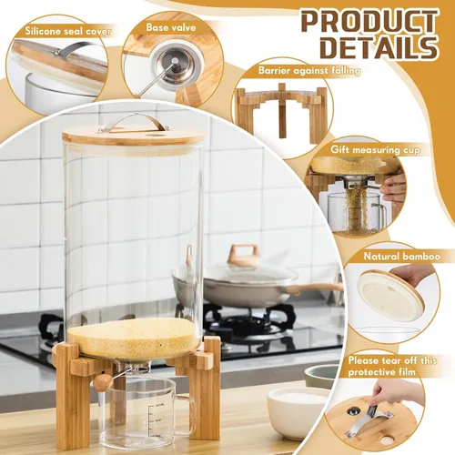 Miniatura 3 de Tioncy Contenedor de vidrio de harina y cereales de 8 litros, dispensador de harina de arroz, contenedor de almacenamiento de cereales con tapa