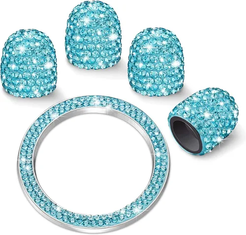 Miniatura 17 de WINKA 4 tapones para válvula de neumático de automóvil con diamantes de imitación, 1 cubierta de botón de motor de automóvil, anillo de encendido