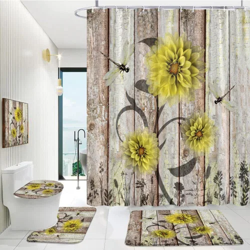 Miniatura 8 de 4Pcs Rustic Wooden Blue Dahlia Floral Flower Dragonfly Shower Curtain Set with Bath Mat Barnwood Old Garage Door American Country Farmhouse Decor