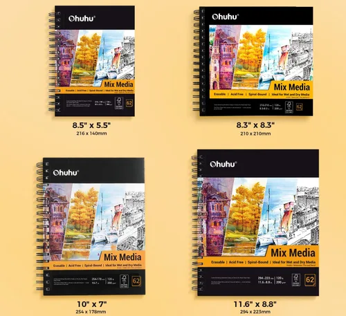 Miniatura 6 de Ohuhu Mix Media Pad, cuaderno de bocetos de arte mixto de 8.3 x 8.3 pulgadas, papel pesado de 120 lb/200 GSM, 62 hojas/124 páginas, bloc de papel