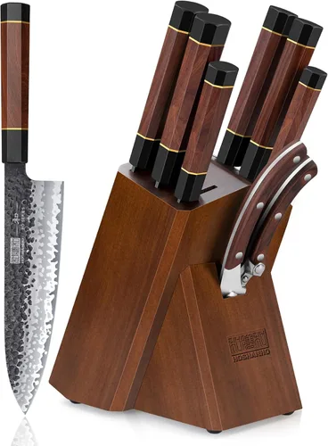 Miniatura 8 de HOSHANHO Juego de 5 cuchillos de cocina japoneses de acero de alto carbono, juego de cuchillos de chef profesionales ultra afilados con mango