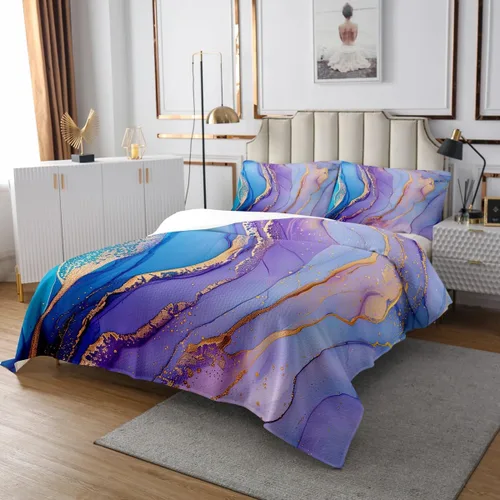 Miniatura 3 de Erosebridal Juego de colcha de mármol tamaño Queen con diseño de mármol morado y azul, juego de edredón de lentejuelas bronceadas con grano de Multi
