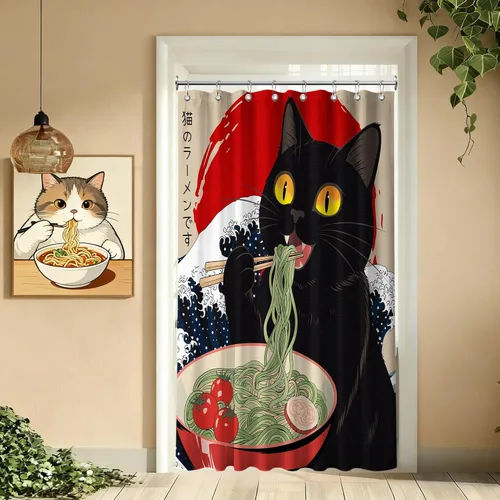 Miniatura 38 de Cortina de ducha estrecha con diseño de gato negro y animé japonés para casa rodante, juegos de decoración de baño, tela impermeable con ganchos, 36