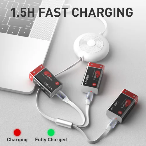 Miniatura 4 de Imren Batteires de litio recargables de 9 V, 3600 mWh USB de 9 voltios de iones de litio recargable de larga duración, con cable de carga USB-C 4