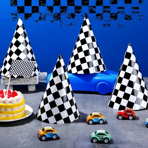Miniatura 5 de Teling - 30 sombreros de fiesta de cumpleaños a cuadros, color negro y blanco, sombrero de cono de papel, a granel, rápido, un tema, suministros
