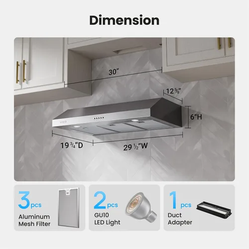 Miniatura 9 de VIKIO HOME Campana Extractora Bajo Gabinete de 30 Pulgadas, 1200 CFM de Doble Motor para Ventilación de Cocina con Luces LED, Control de Botones