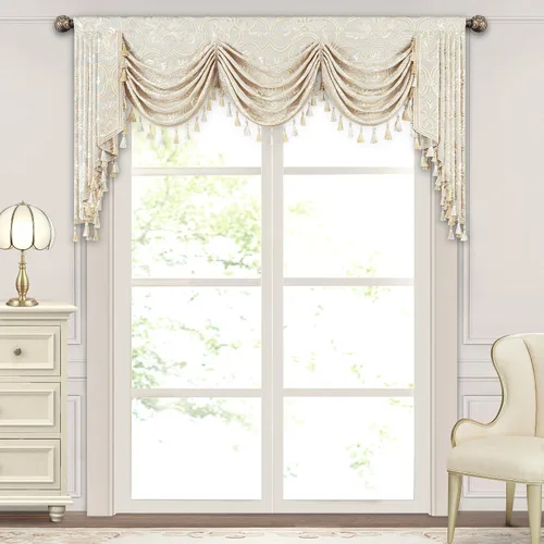 Miniatura 41 de Loom and Mill Cenefa de cascada de lujo de jacquard para sala de estar, elegantes cenefas de ventana con festones y cuentas damascadas, cortinas