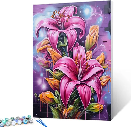 Miniatura 15 de Pintura al óleo de flor de loto por números, lirio de agua, kit de pintura acrílica para niños, adultos, principiantes, garabatos, graffiti
