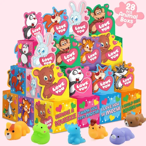 Miniatura 3 de SURCVIO Paquete de 28 regalos para el día de San Valentín para niños, juego de recuerdos de fiesta Mochi Squishies con cajas de tarjetas