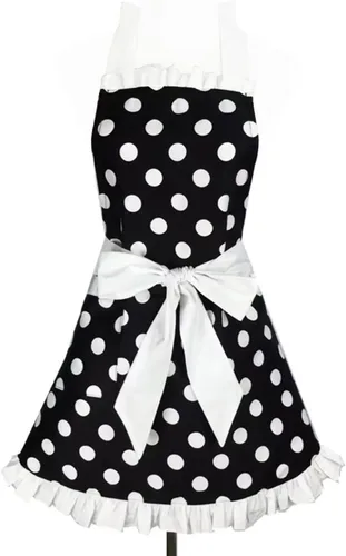 Miniatura 9 de Hyzrz Lindo delantal retro negro de lunares retro con volantes laterales vintage delantales de cocina con bolsillos para mujeres y niñas (lado azul)