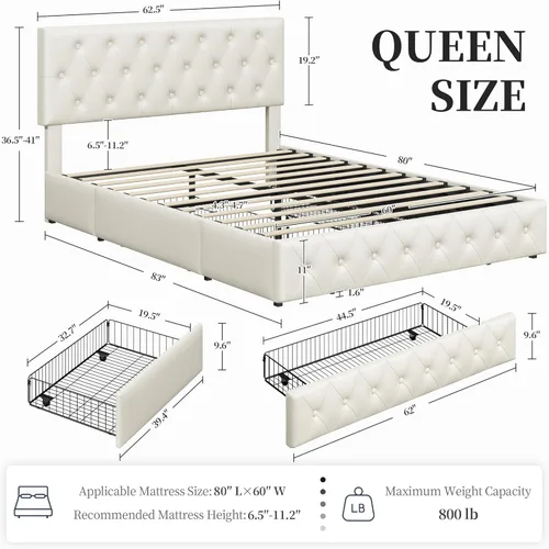 Miniatura 11 de Topeakmart Base de cama de plataforma tapizada tamaño Queen con cabecera ajustable en altura y 3 cajones de almacenamiento, base de colchón de piel