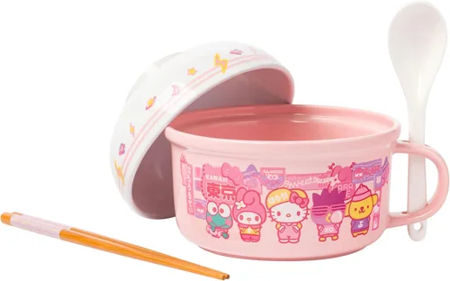 Silver Buffalo Sanrio Hello Kitty and Friends With Keroppi, My Melody, Badtz-Maru y Pompompurin - Taza de sopa y tapa de cuenco con cuchara y
