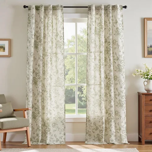 Miniatura 82 de Jinchan Cortinas de Mezcla de Lino con Estampado Floral para Sala de Estar, 84 Pulgadas de Largo, Cortinas con Bolsillo para Varilla y Tab Trasera