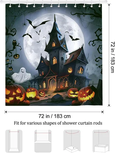 Miniatura 6 de Bonhause Cortina de ducha de Halloween, castillo espeluznante, fantasma, calabaza, farol, murciélago, luna llena, cortina de baño de 72 x 72