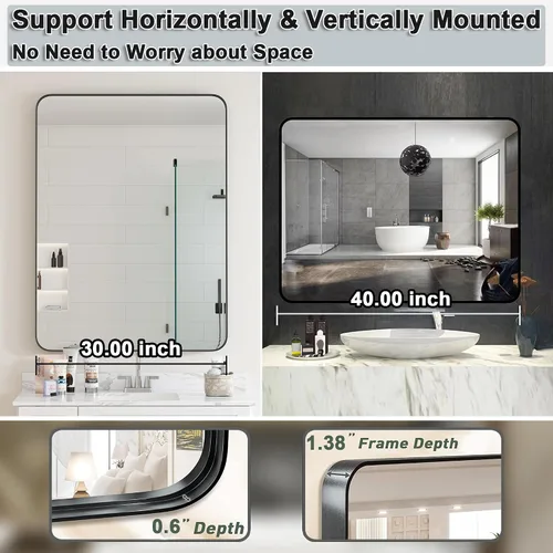 Miniatura 5 de Espejo de pared rectangular con marco de metal negro de 30 x 40 pulgadas, espejo rectangular grande y redondeado, antioxidante, se cuelga horizontal