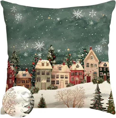 RABUSOFA Fundas de almohada de Navidad para exteriores, impermeables, 18 x 18 pulgadas, decoración vintage de copo de nieve, árbol de Navidad, país