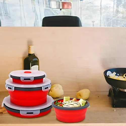 Miniatura 2 de Guyuyii Paquete de 4 Cuencos Plegables de Silicona con Tapas - Recipientes Redondos Anidables de Almacenamiento de Alimentos para Camping, RV y Rojo