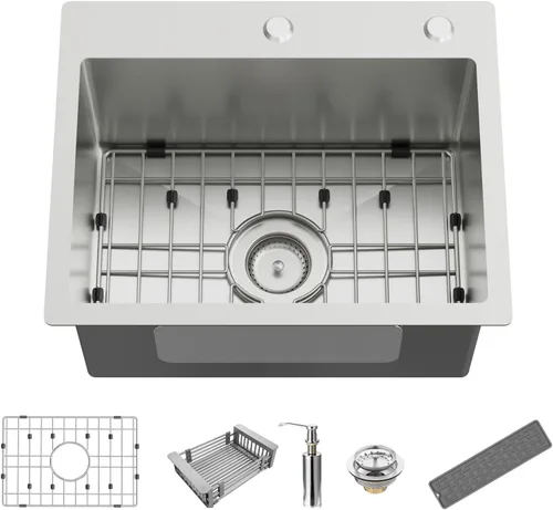 Fregadero de cocina y bar, 20 x 16 pulgadas, de acero inoxidable, moderno, de un solo tazón, montaje superior, fregadero de cocina y bar, rejilla
