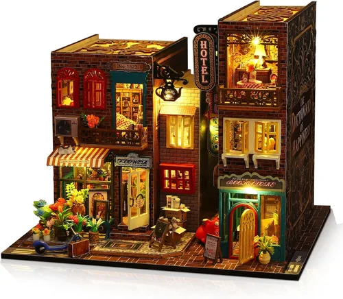Miniatura 10 de Kit de casa en miniatura, pequeño restaurante japonés Sakura de madera 3D, kit de construcción de mini casa de muñecas con cubierta a prueba